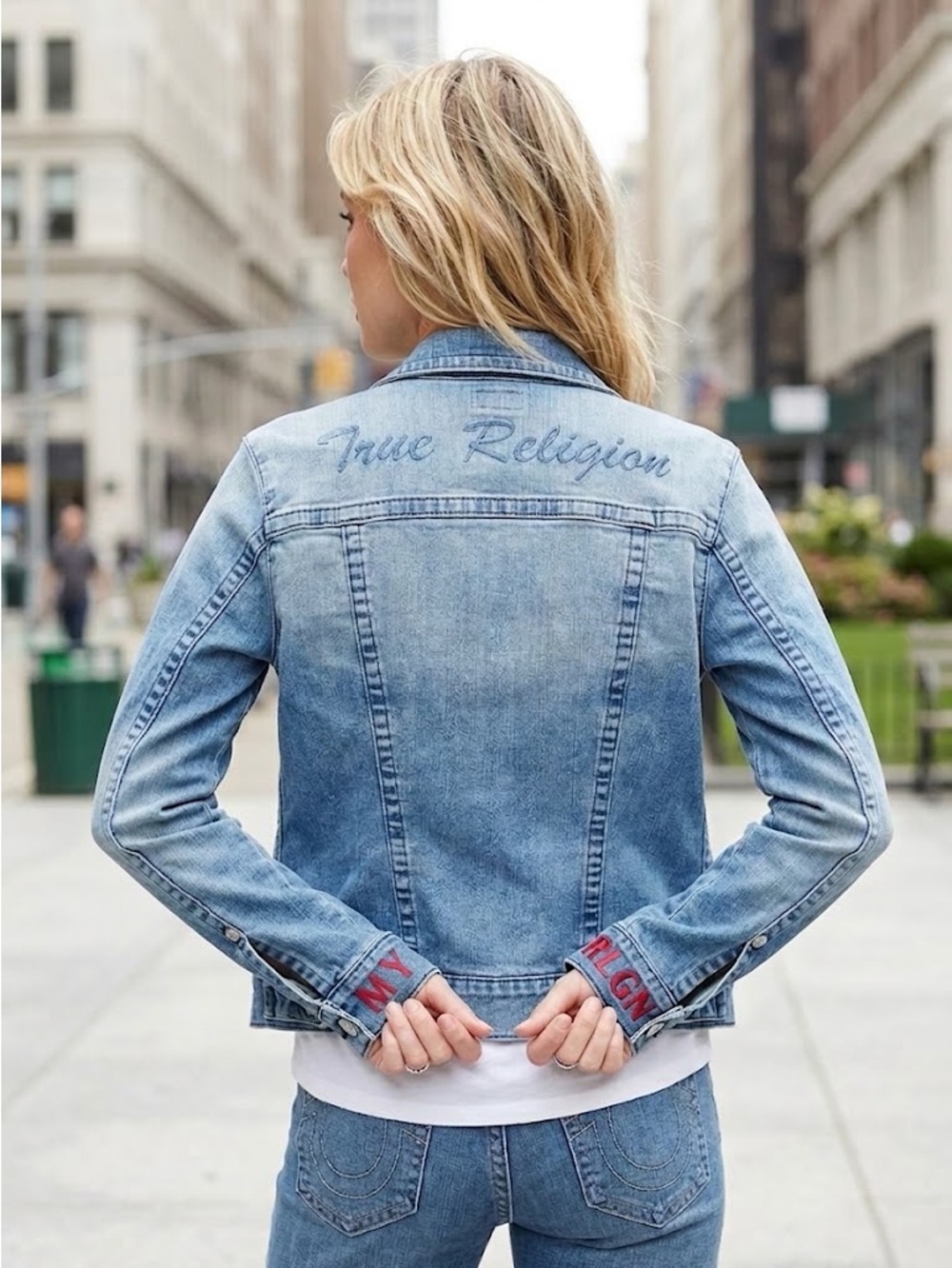 True Religion Denim Trucker Jacket Large Embroidered Back MY RLGN Cuffs